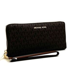 Michael Kors Large Jet Set Travel Continental Wallet Wristlet Brown Signature